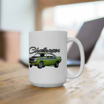 1970 Challenger TA T-Bird 15oz ceramic mug on wooden table.