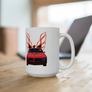 1973 Firebird Trans AM 15oz Ceramic Mug with graphic design on wooden table.