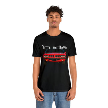 1971 Barracuda Short Sleeve Tee featuring a vintage car design on a black shirt.
