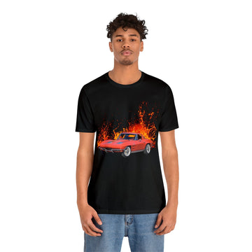 1963 Corvette lava series short sleeve tee with fiery design.