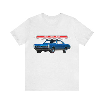 1967 GTO Short Sleeve Tee featuring a vintage car graphic on a white, lightweight Bella + Canvas shirt.