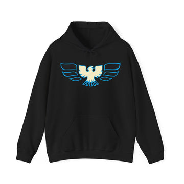 1970-72 Pontiac Firebird Trans AM Logo Hoodie, black, with blue and white logo, unisex, cotton-polyester blend.