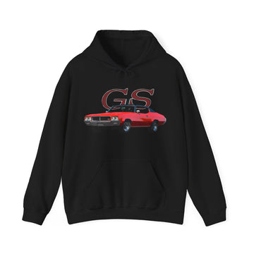1970 GS Gran Sport Hoodie with classic car design, black, unisex fit.
