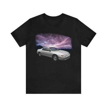 2002 Monte Carlo lightning series short sleeve tee with car design on black fabric.
