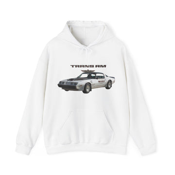 1980 Trans AM Pace Car Hoodie with car graphic, unisex, cotton-poly blend, white.