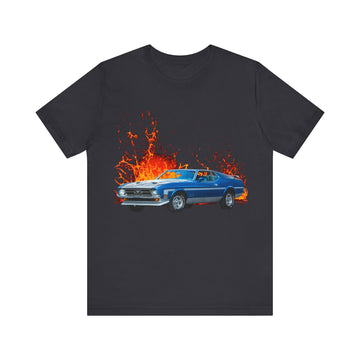 1973 Mustang Mach 1 lava series short sleeve tee with blue car graphic.