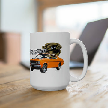 1970 Duster 15oz ceramic mug with vintage car graphic, dishwasher and microwave safe.