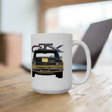 1969 GTX 15oz ceramic mug on wooden table, featuring graphic of classic car design, dishwasher and microwave safe.