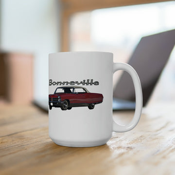 1965 Bonneville 15oz ceramic mug with vintage car graphic, dishwasher and microwave safe.