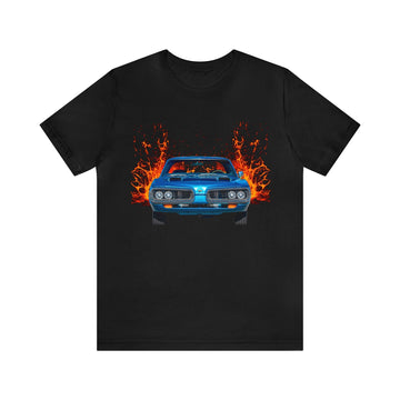 1970 Super Bee in our lava series short sleeve tee with vibrant design on black fabric.