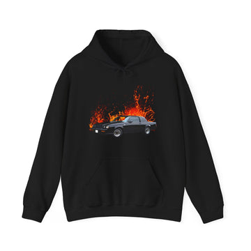 1987 Grand National in our lava series Hoodie, black with fiery car graphic, unisex cotton-polyester blend, medium-heavy, classic fit.