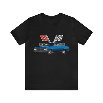1966 Chevelle SS Short Sleeve Tee featuring classic car graphic on black cotton fabric.