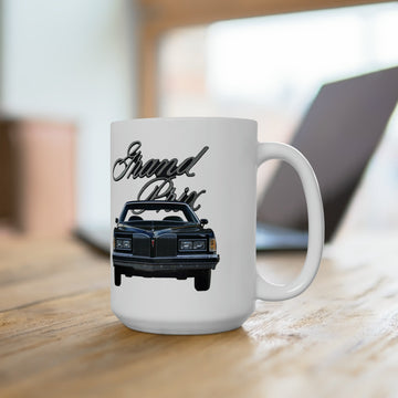 1976 Grand Prix SJ 15oz ceramic mug with car graphic, dishwasher and microwave safe.