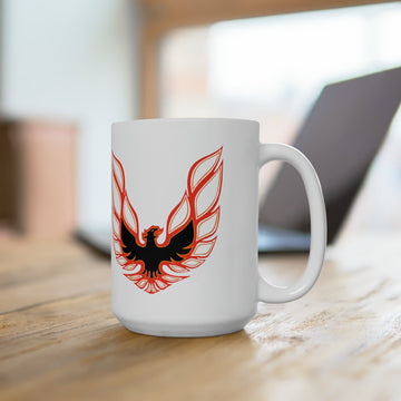 Trans AM Logo 15oz Ceramic Mug on wooden table, dishwasher and microwave safe.