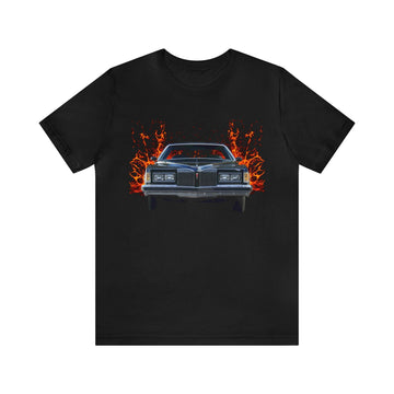 1976 Grand Prix SJ lava series short sleeve tee with car graphic on black cotton fabric.