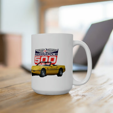1986 Corvette Pace Car 15oz Ceramic Mug with Indianapolis 500 design on wooden table.