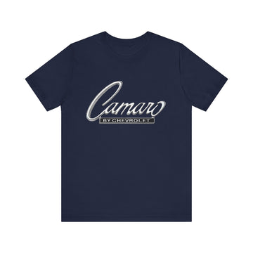 Chevy Camaro emblem short sleeve tee in navy blue with classic design.