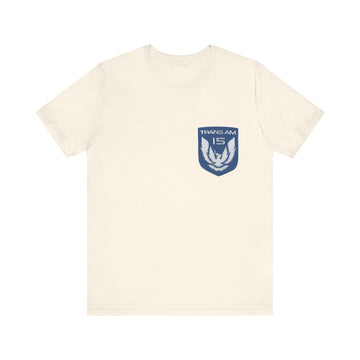 Pontiac 15th Anniversary Logo short sleeve tee in soft cream color with blue logo on chest.