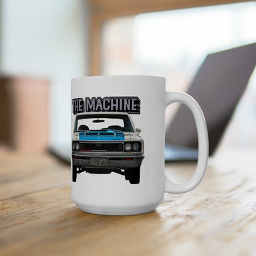 1970 Rebel The Machine 15oz ceramic mug with car graphic design, dishwasher and microwave safe.