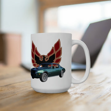 1976 Formula Firebird 15oz ceramic mug with vintage car graphic, dishwasher and microwave safe.