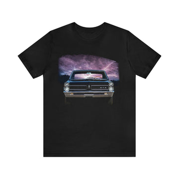 1965 Pontiac GTO lightning series short sleeve tee, black, front design.