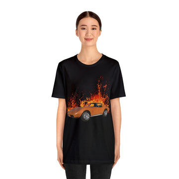 1974 Corvette in our lava series short sleeve tee with fiery car graphic.