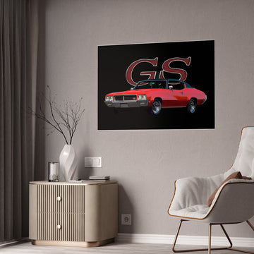 1970 Gran Sport GS Gloss Poster on wall in modern living room setting.
