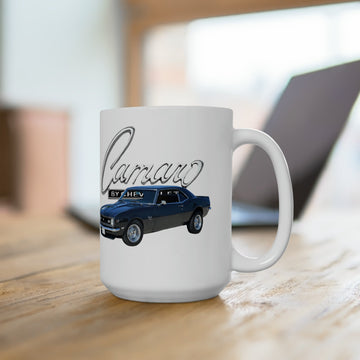 1968 Camaro SS 15oz ceramic mug with blue car graphic design.