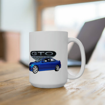 2005 GTO 15oz ceramic mug with blue car graphic, dishwasher and microwave safe.