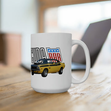 1970 AAR Cuda 15oz ceramic mug with vintage car design, dishwasher and microwave safe.