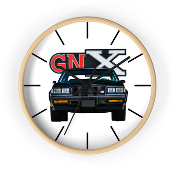 1987 GNX 10" wall clock with wooden frame and plexiglass face.