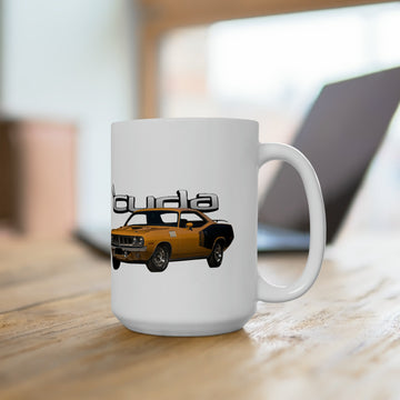 1971 Cuda 15oz ceramic mug featuring graphic car illustration, dishwasher and microwave safe.