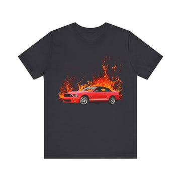 2008 Ford Shelby Mustang lava series short sleeve tee with fiery car graphic.
