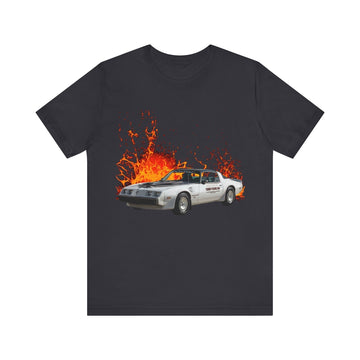 1980 Pontiac Turbo Trans AM Pace Car lava series short sleeve tee with vibrant fire design.