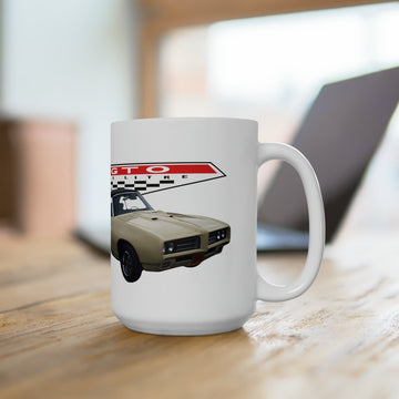 1969 GTO 15oz ceramic mug on table, dishwasher and microwave safe.
