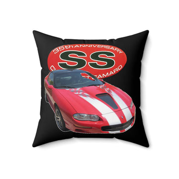 2002 35th Anniversary Camaro Spun Polyester Square Pillow with red Camaro print and anniversary emblem.
