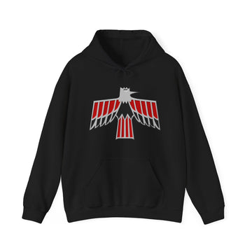 67-69 Firebird Logo Hoodie, unisex heavy blend, black with red and white logo, kangaroo pocket.
