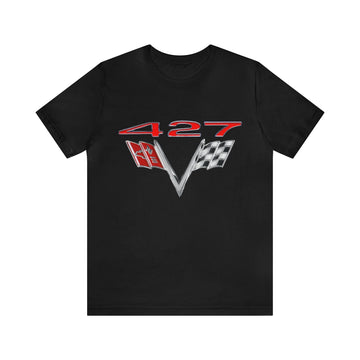 Black 427 Logo short sleeve tee with bold emblem and twin flags design.