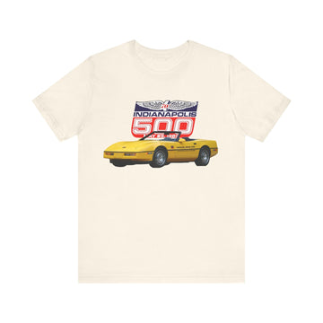 1986 Chevy Corvette Pace Car short sleeve tee with Indianapolis 500 design, soft cotton fabric.
