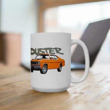 1970 Duster 15oz ceramic mug with vintage car design, dishwasher and microwave safe, BPA-free.
