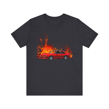 1982 Mustang GT lava series short sleeve tee with fiery design.