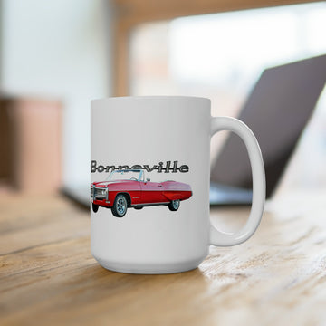 1968 Bonneville 15oz ceramic mug with vintage car graphic, dishwasher and microwave safe.