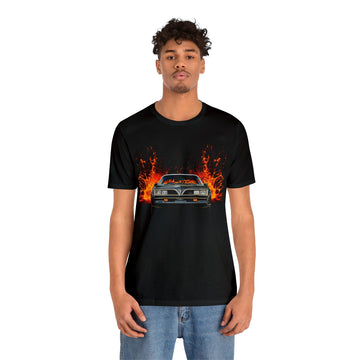 1977 Trans AM SE Bandit lava series short sleeve tee with fiery car design.