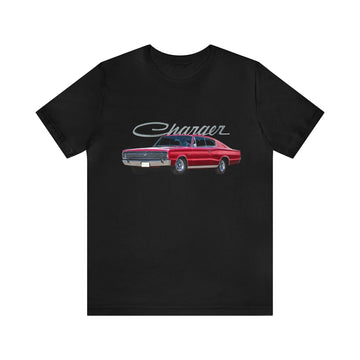 Black 1966 Charger short sleeve tee with vintage car graphic and "Charger" text.