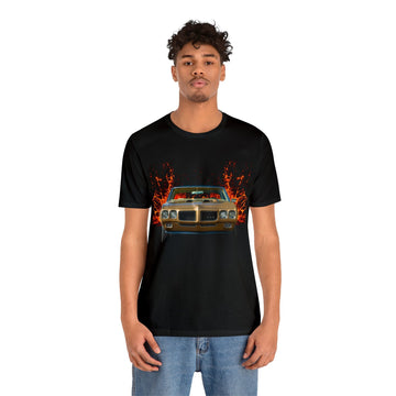 1970 GTO in our lava series short sleeve tee with classic car print, black background.