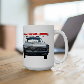 1967 GTO 15oz Ceramic Mug on wooden table, featuring vintage car graphic.