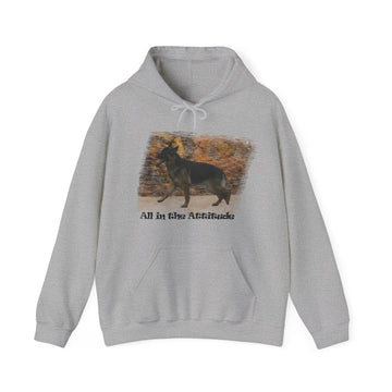 German Shepherd in gray fall-themed hoodie with kangaroo pocket.