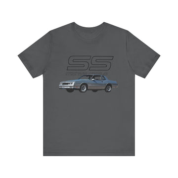 1987 Chevy Monte Carlo SS short sleeve tee in dark fabric featuring classic car graphic, unisex design.