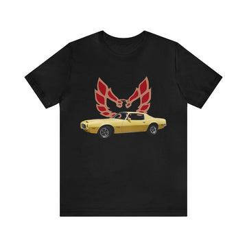 1970 Formula Firebird Short Sleeve Tee with vintage car design and red emblem on black fabric.
