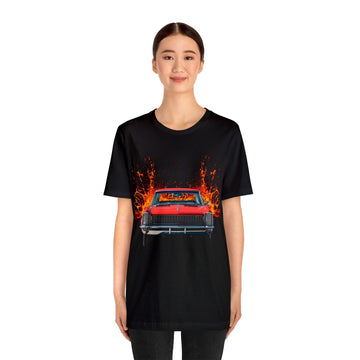 1965 Riviera lava series short sleeve tee on model, black shirt with vibrant car design.